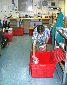  Brian Glazer packs up the chemistry supplies in the main lab. 