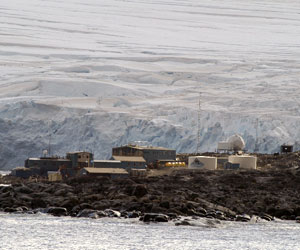 Palmer Station, with the glacier behind it. (Photo by Byron Pedler, WHOI)