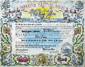 A close-up of the Equator Crossing Certificate that was bestowed on each newly inducted Shellback today by Captain Buck, King Neptune’s servant on R/V Melville.