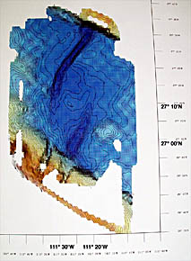 This is a bathymetric map of the Guaymas Basin. The linear dark-blue areas in the middle of the map represent two prominent troughs. These are the spreading axes of the mid-ocean ridge. The troughs are about 2,000 meters deep. 