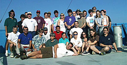 Members of the scientific party and the Alvin crew for cruise AT-3-46 pose on the bow of R/V Atlantis.