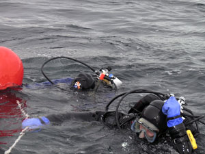 At the surface, divers check their gear before descending. Brennan Phillips (right) signals with his fist that all is OK, and Sandy Willliams holds the orange float. 