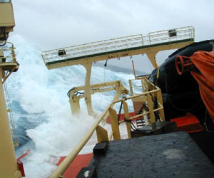 The L.M. Gould often faces high seas, as in this day, in 2005. (Photo by E. Horgan, WHOI)