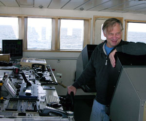 The Gould’s second mate, David Morse, at the ship’s controls. (Photo by Larry Madin, WHOI)