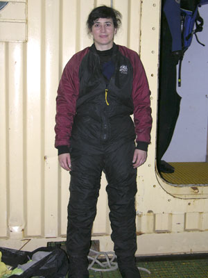 Diane in the bunny suit, before donning the drysuit. (Photo by Kate Madin, WHOI) 