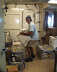 Greg packing up some of the equipment that will be transferred to the R/V Melville so we can use it on Cruise #3 of Dive and Discover.  