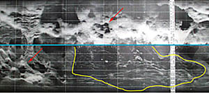 This DSL-120 sonar record collected last night shows an area on the seafloor that we suspect might have new volcanic flows. We saw lots of bumpy topography that is probably made up of small volcanoes a few tens of meters high and about a football field in area. Some of them are in groups, as in sonar image (see red arrows). The striking thing about this photo is the blackish area that is cut by many fissures (outlined by yellow). The blackish area is not dark. It is an area where sound from the sonar has not been reflected back strongly. We suspect that this may be a new lava flow and we are going to tow the sonar fish over the area again tonight to get a better look at it. The blue line is the nadir, or centerline, where the sonar fish was flying about 100 meters above the seafloor. This image is produced in real time, as we are towing the sonar over the seafloor. But we will be working hard in the next day to “process” the data to remove errors and distortions. We want to make the best possible image to help guide where we will sample lava and where we will tow Argo II to photograph the seafloor. 