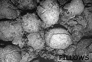 Examples of pillow lava on the East Pacific Rise crest. The distance across the bottom of the image is about 3 meters. Note how rounded and bulbous the lavas look.