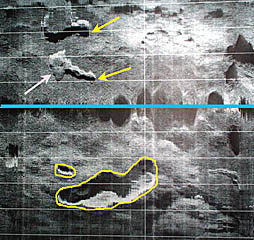 A DSL-120 sonar record from the 1° 40’-50’N area of the East Pacific Rise crest collected today. The yellow arrows point to fissures or cracks in the volcanic seafloor that are likely places for lava to erupt. The pink arrow points to a small lava flow that appears to have covered up part of the fissure and may have erupted from it. Yellow lines are drawn around two “collapse features”. The larger one may be a “lava lake” - a place where lava erupted and formed a small lake, but later it drained back into the underlying crust, leaving a large pit in the seafloor. All these places are likely to have young lava flows. The blue line in the middle of the record is the nadir -- the track of the DSL-120 “sonar” fish. The horizontal white lines are spaced 100 meters apart. 