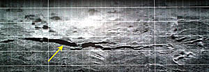 This DSL-120 sonar record shows just one side of the swath of sonar data, so the nadir is off the bottom of the image, and the record is only 500 meters wide (the horizontal white lines are 100 meters apart). The yellow arrow points to a large crack in the volcanic seafloor that is more than 1 kilometer long and as wide as 30-40 meters in places. You can see how it tapers (narrows) at each end and that it forms narrow finger-like cracks along its length. Cracks such as these are formed when seafloor spreading cracks the seafloor, like cracks that develop in the surface of taffy when you pull it. The bumpy or hummocky areas near the top of the sonar image are probably small volcanic cones. 