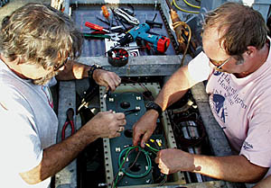 PJ Bernard (left) and Bob “Yogi” Elder carefully install the ends of the fiber optic cable into the junction box on Argo II. The box (between them) is where the electrical and data connections are made between the sensors on Argo II and the fiber optic cable.