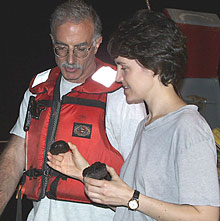 Mike Perfit and Maya Tolstoy discuss the successful dredging that was carried out tonight. We took three dredges along the East Pacific Rise axis between 1° 42’N and 1° 45’N. We recovered fresh volcanic glass, pillow lava, and some lobate lava in the dredges. Mike’s preliminary finding was that the dredge near 9° 45’N looked like it had slightly fresher volcanic glass. Does this mean that the 1997 eruption happened there? We will lower Argo II to the seafloor tomorrow morning to have a look! 