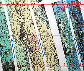 The DSL-120 bathymetry map of the same area as in the previous slide produced by the sonar processing team -- Steve Gegg, Paul Johnson, Julia Getsiv and Greg Kurras. All three north-south lines we have run are shown. The blue arrows show the track and direction of the sonar fish. The depth contours on this map are shown every 10 meters; however, the data will later be plotted at 4 meter intervals. The DSL-120 sonar “sees” much smaller features (more than 10 times smaller!) than the multibeam bathymetry system. The pinkish area is shallow (i.e. elevated seafloor). Every color change equals 50 meters, and the pink to yellow color change is the 2850 m contour. Note all the small circular, or “closed” contours just to the left of the 102° 16’W longitude line. On the next slide, you will see that these features are small volcanic cones that cast little shadows away from the nadir (trackline) for the easternmost DSL-120 survey line.