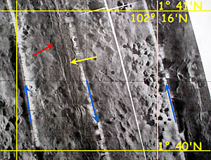 A DSL-120 sonar image of the same area. The field of small volcanic cones mentioned in the previous slide can be seen straddling the 102° 16’W longitude line. The yellow arrow points to the axial summit trough at the East Pacific Rise crest in this area. It is only about 100 meters wide. The red arrow points to an area where the walls of the trough have been hidden, probably by a recent volcanic eruption that flowed over them. 