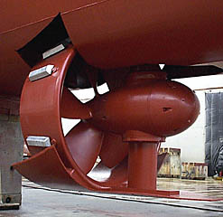 A close-up of the bow thruster (B/T). When it is in its fully operational position, the B/T can swivel 360 degrees in either direction, so can provide thrust in any direction. When it is not needed, the B/T is fully retracted into the hull. When the B/T is down, the ship can only travel at speeds of less than 6 knots.