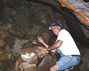 Mike Perfit holds one of Josh’s “Planets” just before putting it in one of the chambers of the lava tube. 