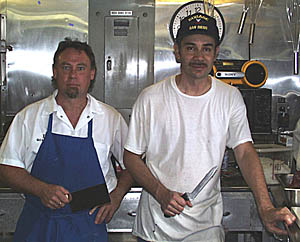 Dan Engelbrecht (left) and George Pimental (right) in their galley on R/V Melville. They keep everyone on board the ship healthy and happy with their wonderful meals. 