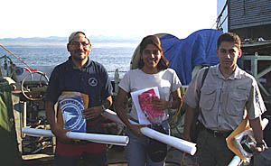 We had three Ecuadorian observers on board R/V Melville during our short cruise to Fernandina Island. They included: Mr. Washington Llerena (left) from the Charles Darwin Research Station, Ms. Essy Marlene Santana of INOCAR (The Ecuadorian Naval Oceanographic Institute), and Mr. Schubert Stalin Lombeida Manjarrez, of the Galapagos National Park Service. They got off the ship with CDs and complete map sets of the bathymetric and other data we collected during the past three days. 