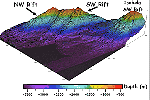 A 3-dimensional perspective image (looking to the northeast) of the western side of Fernandina Island. This image was made using data from our multibeam bathymetry survey. We discovered that Fernandina has three well-defined submarine volcanic rift zones: a NW Rift, a Central West Rift (not labeled), and a SW Rift. The SW Rift zone of Isabela Island was also covered by our survey. We conducted this detailed bathymetric survey to help better understand how oceanic hotspot islands like the Galapagos build up from the ocean floor. The bathymetry surveys we carried out will also be very useful to the Ecuadorian government to help them characterize the marine environment in the Galapagos National Park which covers all of the islands.