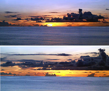 Tonight’s sunset was spectacular even though it did not produce a “green flash”! The top photo was taken just before the sun set and the bottom photo was taken a few minutes afterwards. Which do you like the best?