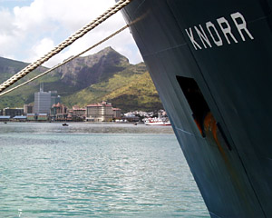  The Knorr docks at the island’s capital Port Louis, which includes a new waterfront popular with tourists. The tropical island is home to 1.1 million people. Over half are Hindus and another 180,000 are Muslim. 