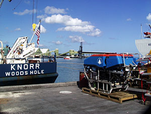 Jason, a remotely operated vehicle (ROV), waits dockside to be loaded on Knorr. Scientists will use the vehicle to observe and sample hydrothermal vents. 