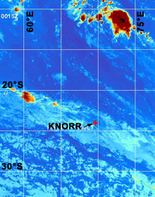 Today’s satellite weather map shows Knorr on the northern edge of a strong weather system that has caused 15-18 foot swells for the last several days.  