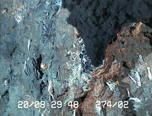 Close-up of the active orifice of one of the new black smoker chimneys discovered last night by ROV Jason.  