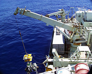 Crew members raise and lower the elevator into the sea with this crane.  