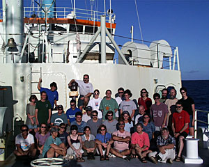 Scientists and DSOG Team members gathered tonight on the bow for a photo as we steam west to Mauritius.  
