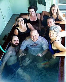 The “Wee” team - named for the watches they stood from 4-8 am, the wee hours of the morning -- took a dip in the pool today. From left to right are Rob Kunzig, Shana Goffredi, Rachel Gallant, Susan Humphris, Darryl Green, Anna-Louise Reysenbach and Tim Shank (center).  