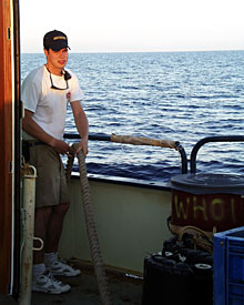 Third Mate Adam Seamans was up early to organize lines that will secure Knorr to the dock.  