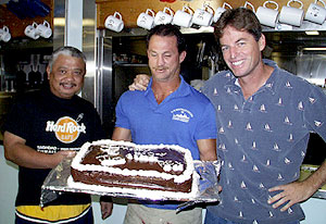The birthday boys: (left to right) Reynaldo Esteban (Oiler), Jim Pearson (Able Seaman) and Captain Chris Curl. 
