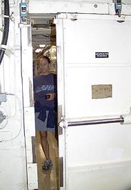 Lorna Allison tests out the water-tight doors in the engine room. 