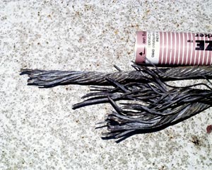  The broken end of the steel trawl wire that was below the ship. The end of a large magic-marker is for scale. 