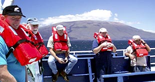 Jack Healy (left), Dan Jacobson, Steve St. Martin, Dennis Barclay, and Rey Esteban on the fore deck during the abandon ship drill. 
