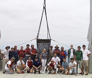 The science party gathers in front of the dredge as we head into Puerto Ayora.  