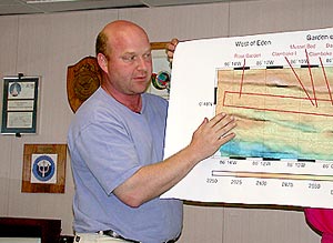 Co-Chief Scientist Tim Shank explains plans for revisiting the Galápagos Rift hydrothermal vent sites at a meeting of scientists held Friday evening in the ship’s library after the ship left port.