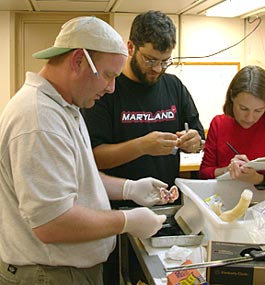 Tim Shank removes a clam collected yesterday from its shell for later analysis. He is assisted by Jonathan Eisen and graduate student Lara Kemper.