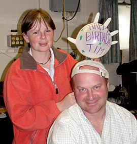  Today is Co-Chief Scientist Tim Shank’s birthday. Rhian Waller surprises him with a quickly concocted birthday hat made with a plastic sampling glove. 