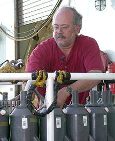  Bob Collier prepares the CTD and rosette water sampler that will be used tonight to “sniff” for plumes from hydrothermal vents in an area of the seafloor that has never been explored before. 