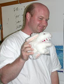 Tim Shank holds the stuffed “killer bunny” toy given to him as a joke by his colleagues. He vowed to say “Rabbit, Rabbit” today as his first words upon waking on the first of the month. He hopes it will bring us luck—and the discovery of an active vent site.
