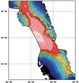 Co-chief Scientist Dan Scheirer created this map of the Muir seamount using data we'd received the night before. The map’s contour lines show all sorts of hills, folds and peaks, information that will be a great benefit as we get ready to send Alvin diving.  