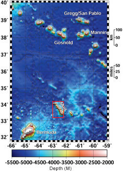 Another satellite-generated map showing the New England Seamounts, with our home base Bermuda at bottom left and Muir Seamount boxed in red. The numbers on the x-axis denote degrees of West longitude lines, which scientists often denote as negative numbers; the numbers on the y-axis denote degrees of North latitude. Maps with a relatively large scale such as this one are useful for taking in the big picture, literally. They help us figure out how best to plan how to organize, and in what order to conduct, Alvin dives and other research endeavors.