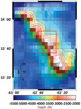 Yet another satellite-generated map, this one of Muir Seamount only. This image, which is the boxed section of slide 2, shows the limitations of using one form of technology for all applications. Can you imagine trying to navigate with this map? When we want to understand a particular region in more detail, it's time to switch to a smaller scale or different type of representation.