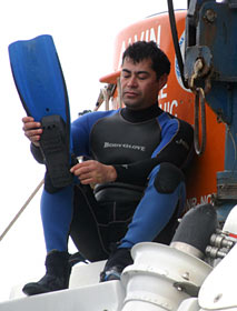 Raul Martinez is a seaman on Atlantis, as well as a swimmer certified to deploy and recover Alvin. He gritted his teeth before diving into the cold water. “I prefer the tropical stuff,” he said.