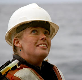 Kris Ludwig is a graduate student in marine geology and chemistry at the University of Washington in Seattle. She works primarily at night, overseeing the use of an ocean instrument called a CTD, which measures the ocean’s conductivity (used to determine salinity), temperature, and depth.