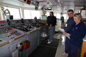  Second Mate Craig Dickson in the Atlantis bridge. Craig spends six months each year at sea, and has worked for the Woods Hole Oceanographic Institution for 23 years. He grew up on Cape Cod, and started sailing and working on fishing boats in his early 20s.