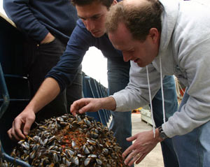 Second Mate Craig Dickson spotted an orange float about one mile from our ship. When we picked it up, we found it covered in stalked barnacles. Graduate Student Andrew Opatkiewicz of the University of Washington (left) and Microbiologist Jim Holden of the University of Massachusetts go in for a close look.  