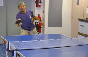 3. Table tennis is a favorite sport on Atlantis, and we are nearing the end of the expedition�s tournament with engineer Marcel Vieira in the semi-final round. Though everybody works hard at sea, there can be relaxing times too. (Photo by Amy Nevala)
